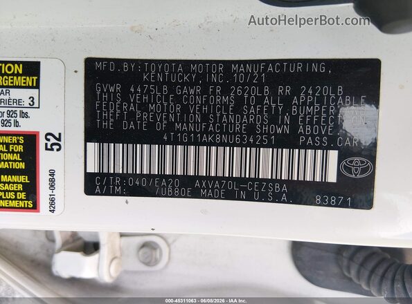 4T1G11AK8NU634251 2022 TOYOTA CAMRY White Вид підкапотного простору