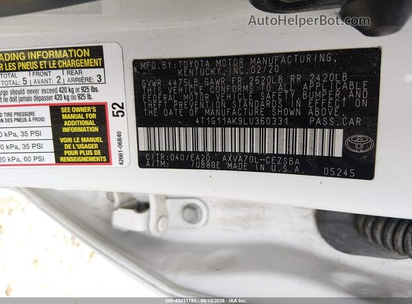 4T1G11AK9LU360331 2020 TOYOTA CAMRY White 