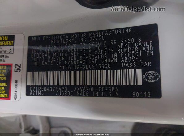 4T1G11AKXLU975566 2020 TOYOTA CAMRY White Engine compartment view