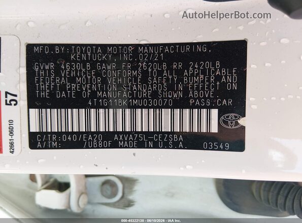 4T1G11BK1MU030070 2021 TOYOTA CAMRY White Vista del compartimento del motor