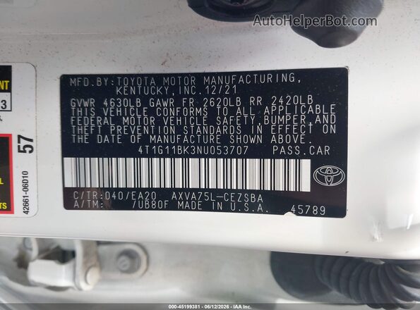 4T1G11BK3NU053707 2022 TOYOTA CAMRY White Vista del compartimento del motor