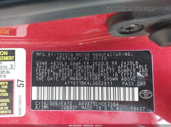 4T1G11BK4LU002911 2020 TOYOTA CAMRY Red Вид підкапотного простору