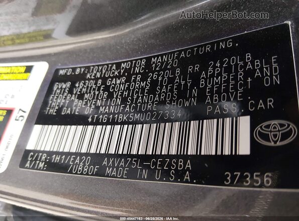 4T1G11BK5MU027334 2021 TOYOTA CAMRY Gray Vista del compartimento del motor