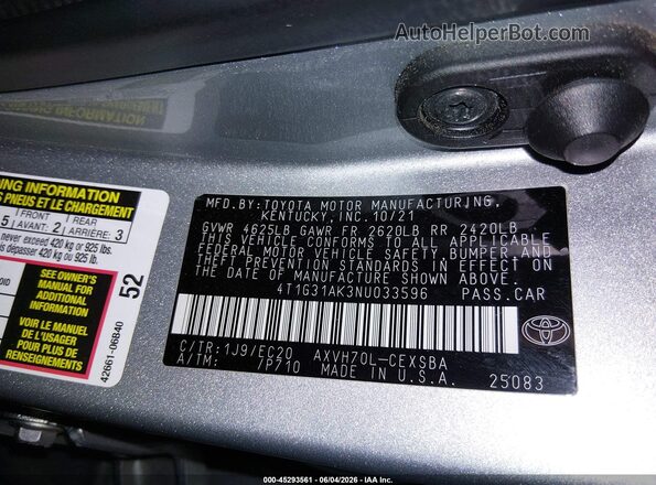 4T1G31AK3NU033596 2022 TOYOTA CAMRY Silver ძრავის განყოფილების ხედი