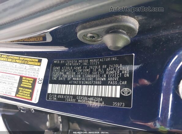 4T1HZ1FB3NU072880 2022 TOYOTA AVALON Navy Engine compartment view