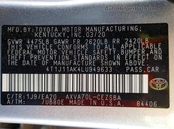 4T1J11AK4LU949633 2020 TOYOTA CAMRY Silver Вид підкапотного простору