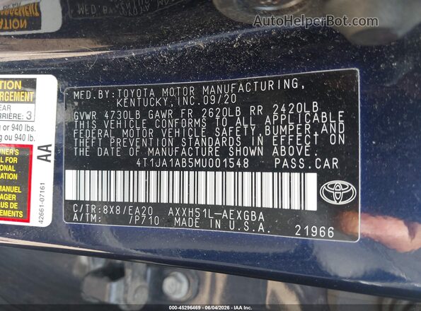 4T1JA1AB5MU001548 2021 TOYOTA AVALON Dark Blue Vista del compartimento del motor