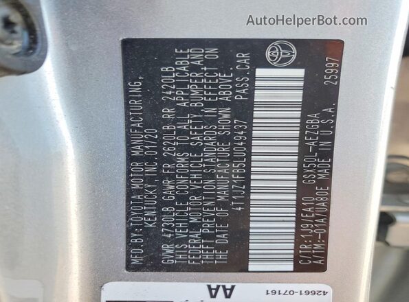 4T1JZ1FB5LU049437 2020 TOYOTA AVALON Silver Engine compartment view