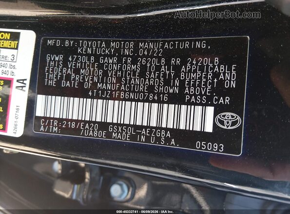 4T1JZ1FB6NU078416 2022 TOYOTA AVALON Black Engine compartment view