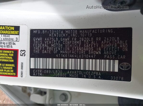 4T1K61AK4LU310447 2020 TOYOTA CAMRY White Շարժիչի բաժամունքի տեսք