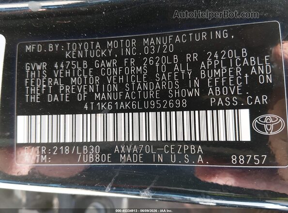 4T1K61AK6LU952698 2020 TOYOTA CAMRY Black Շարժիչի բաժամունքի տեսք