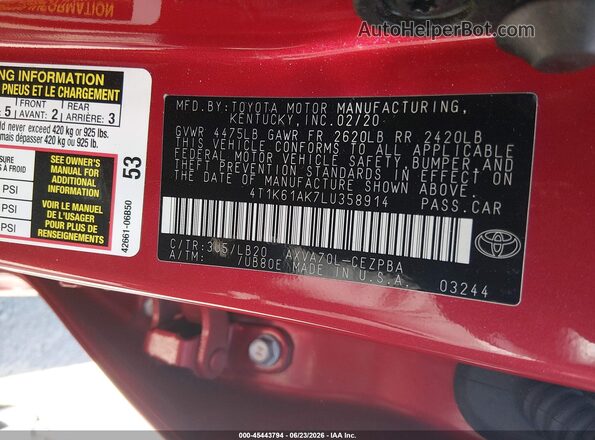 4T1K61AK7LU358914 2020 TOYOTA CAMRY Red Շարժիչի բաժամունքի տեսք