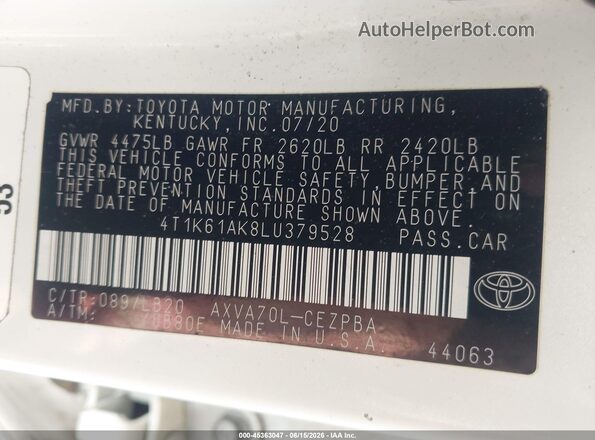 4T1K61AK8LU379528 2020 TOYOTA CAMRY White Շարժիչի բաժամունքի տեսք