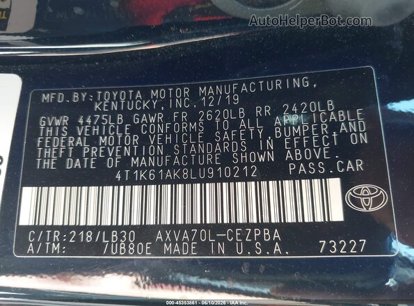 4T1K61AK8LU910212 2020 TOYOTA CAMRY Черный 