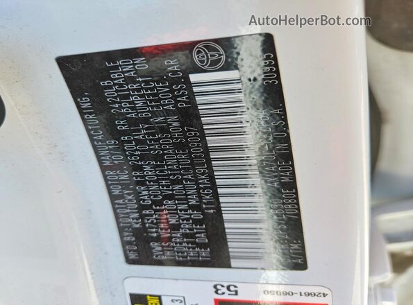 4T1K61AK9LU309097 2020 TOYOTA CAMRY White Widok naklejki z numerem VIN
