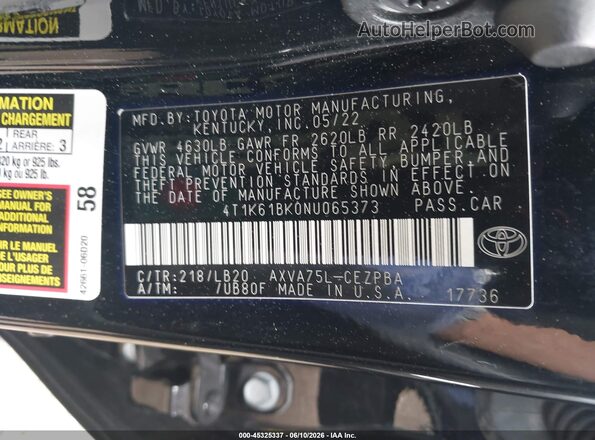 4T1K61BK0NU065373 2022 TOYOTA CAMRY Black Vista del compartimento del motor