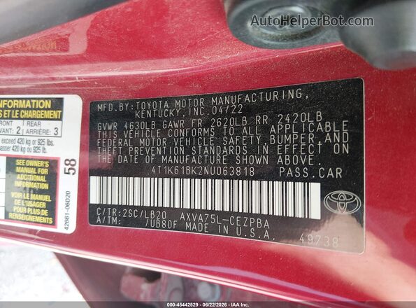 4T1K61BK2NU063818 2022 TOYOTA CAMRY Красный Вид подкапотного пространства