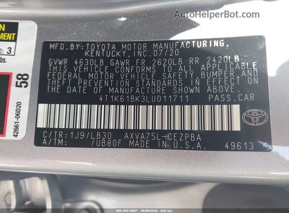 4T1K61BK3LU011711 2020 TOYOTA CAMRY Silver ძრავის განყოფილების ხედი