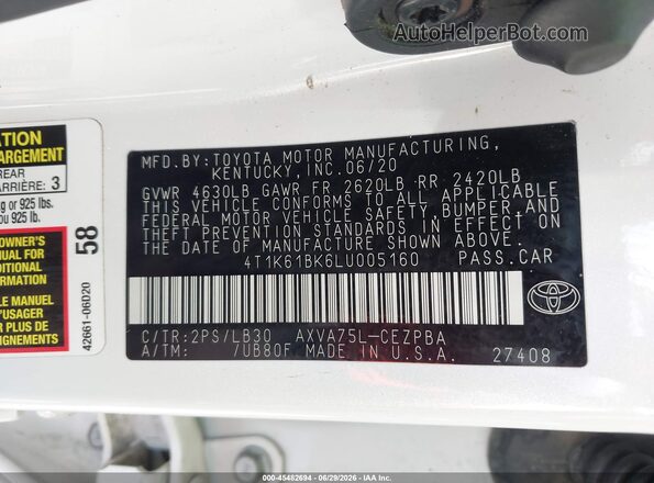 4T1K61BK6LU005160 2020 TOYOTA CAMRY Белый Вид подкапотного пространства