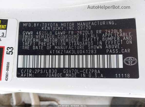 4T1KZ1AK3LU041283 2020 TOYOTA CAMRY Белый Вид подкапотного пространства