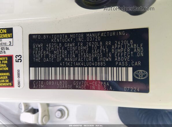 4T1KZ1AK4LU040885 2020 TOYOTA CAMRY White Engine compartment view