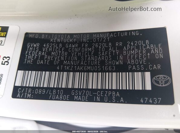 4T1KZ1AK6MU051663 2021 TOYOTA CAMRY White Вид підкапотного простору