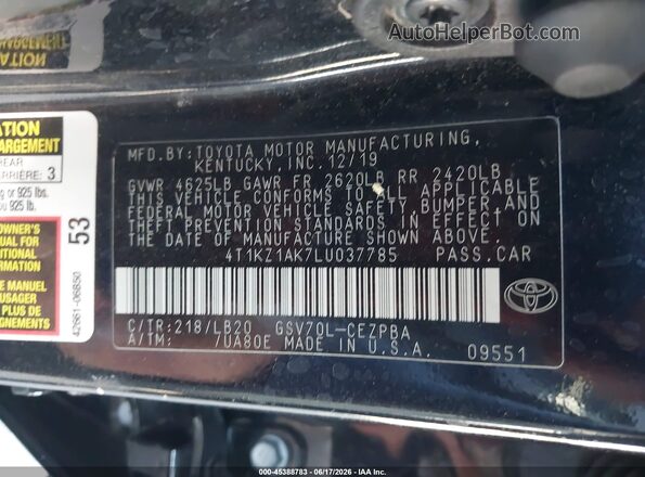 4T1KZ1AK7LU037785 2020 TOYOTA CAMRY Black Engine compartment view