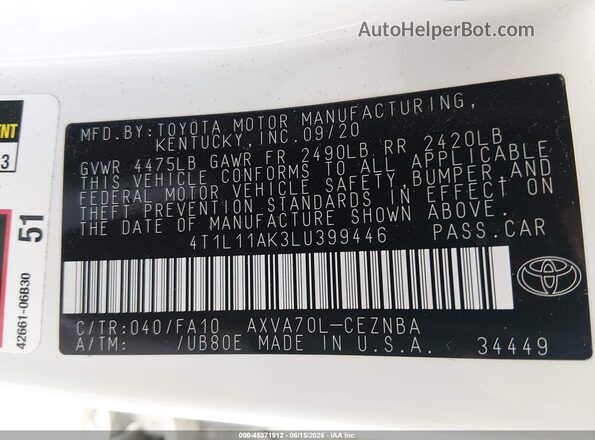 4T1L11AK3LU399446 2020 TOYOTA CAMRY White ძრავის განყოფილების ხედი