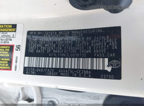 4T1L11BK3LU016135 2020 TOYOTA CAMRY Белый Вид подкапотного пространства