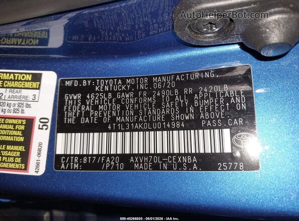 4T1L31AK0LU014984 2020 TOYOTA CAMRY Blue Vista del compartimento del motor