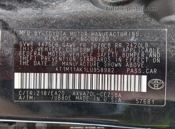 4T1M11AK1LU958982 2020 TOYOTA CAMRY Black Widok komory silnika