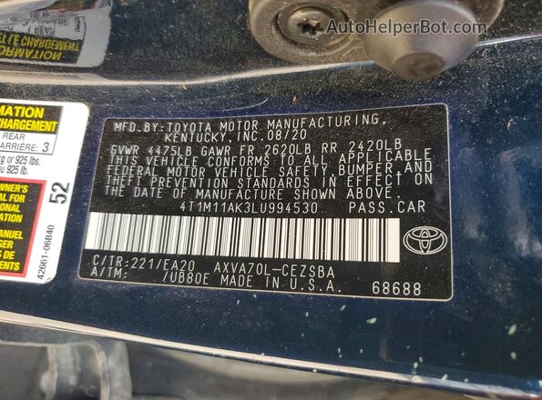 4T1M11AK3LU994530 2020 TOYOTA CAMRY Blue Engine compartment view
