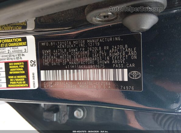 4T1M11AKXLU911675 2020 TOYOTA CAMRY Blue 