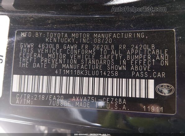 4T1M11BK3LU014258 2020 TOYOTA CAMRY Black Widok komory silnika