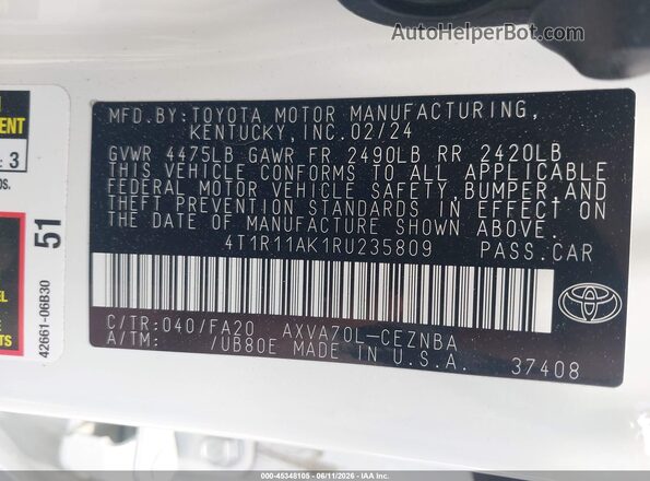 4T1R11AK1RU235809 2024 TOYOTA CAMRY White Widok komory silnika
