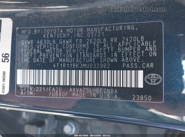 4T1R11BK3MU032962 2021 TOYOTA CAMRY Dark Blue Vista del compartimento del motor