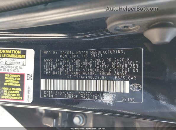 4T1T11AK4NU624699 2022 TOYOTA CAMRY Black Vista del compartimento del motor