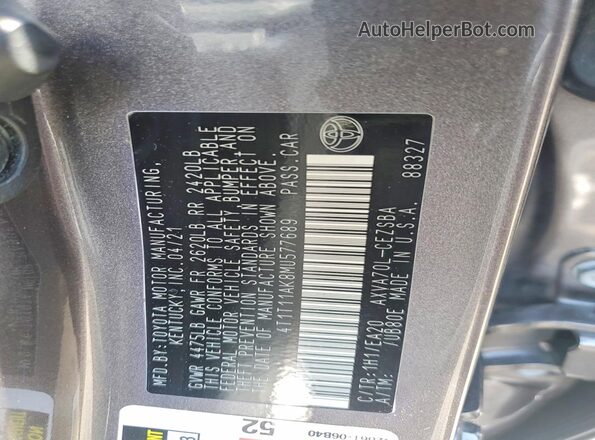 4T1T11AK8MU577689 2021 TOYOTA CAMRY Серый 