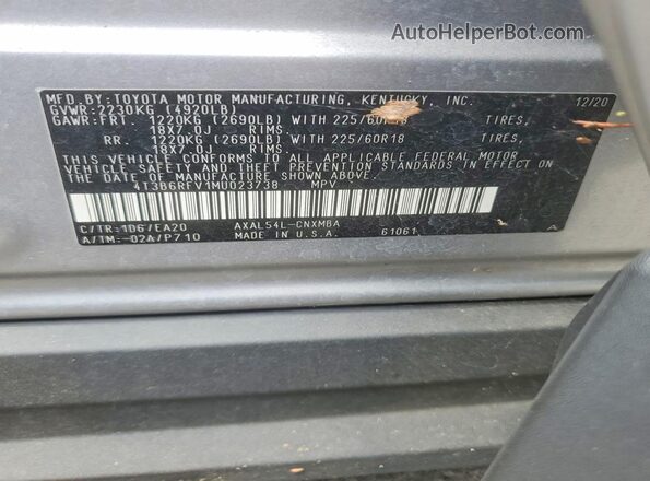 4T3B6RFV1MU023738 2021 TOYOTA RAV4 Gray Vista de la etiqueta del VIN