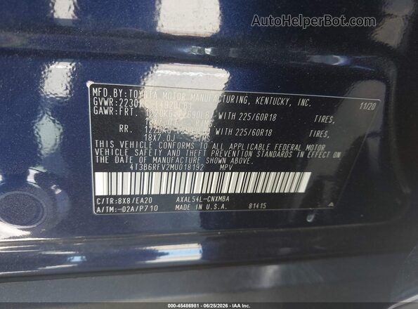 4T3B6RFV2MU018192 2021 TOYOTA RAV4 HYBRID Blue Շարժիչի բաժամունքի տեսք