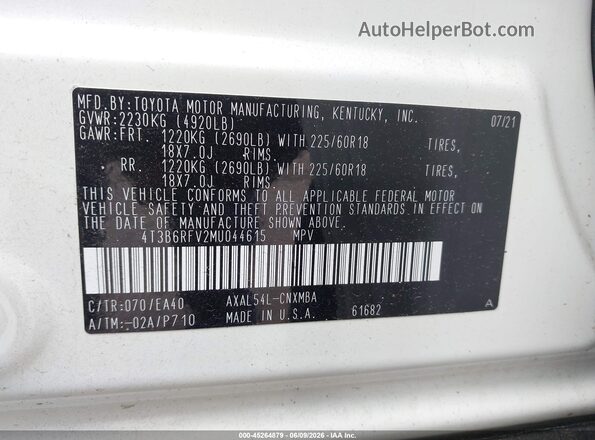 4T3B6RFV2MU044615 2021 TOYOTA RAV4 HYBRID White Vista del compartimento del motor