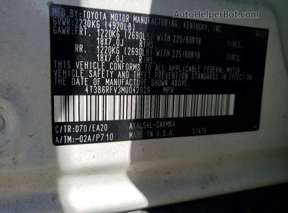 4T3B6RFV3MU042629 2021 TOYOTA RAV4 White 