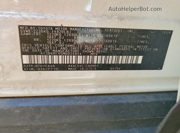 4T3B6RFV5MU024844 2021 TOYOTA RAV4 White VIN կոդի պիտակի տեսք