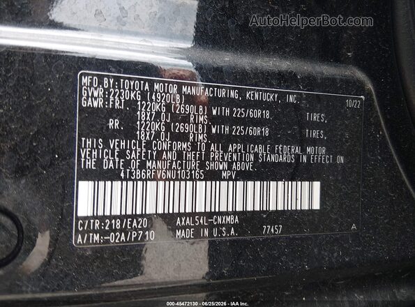 4T3B6RFV6NU103165 2022 TOYOTA RAV4 HYBRID Black Вид підкапотного простору