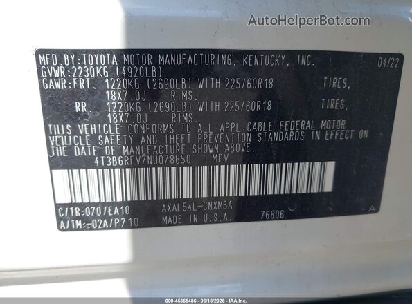 4T3B6RFV7NU078650 2022 TOYOTA RAV4 HYBRID White Engine compartment view