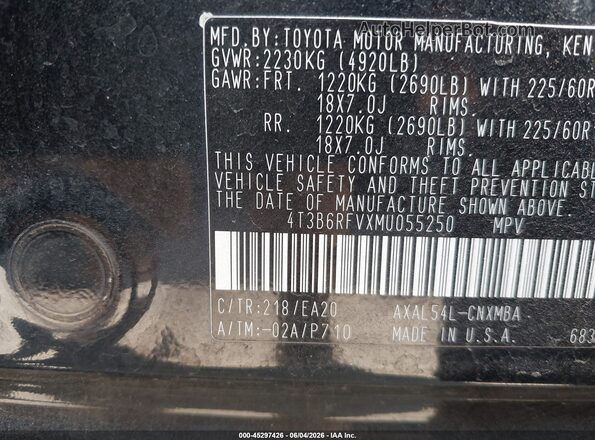 4T3B6RFVXMU055250 2021 TOYOTA RAV4 HYBRID Black 