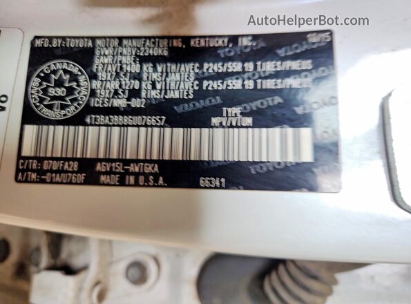 4T3BA3BB8GU076657 2016 TOYOTA VENZA White Vista de la etiqueta del VIN