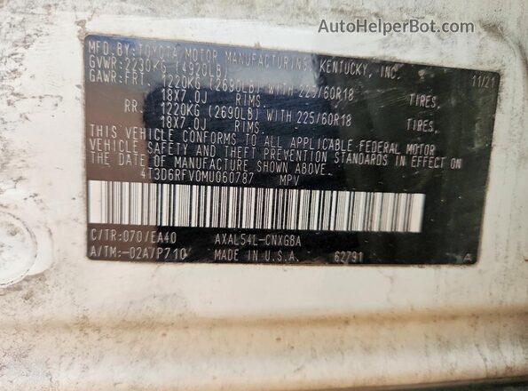 4T3D6RFV0MU060787 2021 TOYOTA RAV4 White 