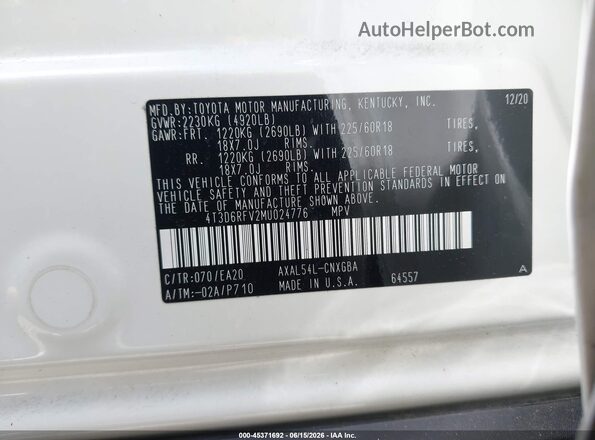 4T3D6RFV2MU024776 2021 TOYOTA RAV4 HYBRID Белый Вид подкапотного пространства