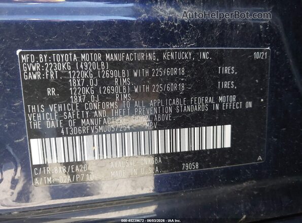 4T3D6RFV5MU057254 2021 TOYOTA RAV4 HYBRID Dark Blue Widok komory silnika